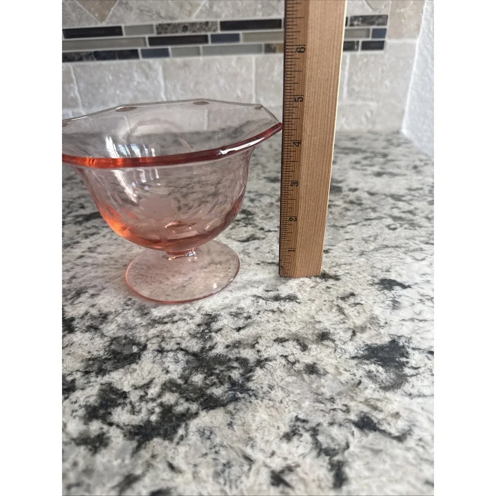 Vintage Etched Rose Pink Depression Glass Creamer/Sugar, Candy Set 1920's 1930's